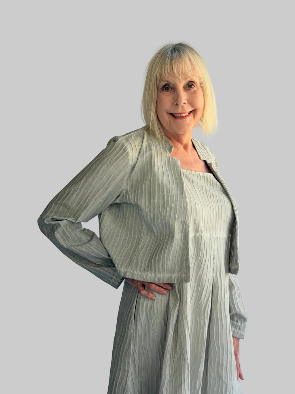 Short Jacket -  326 : Textured Open Front Cropped Jacket